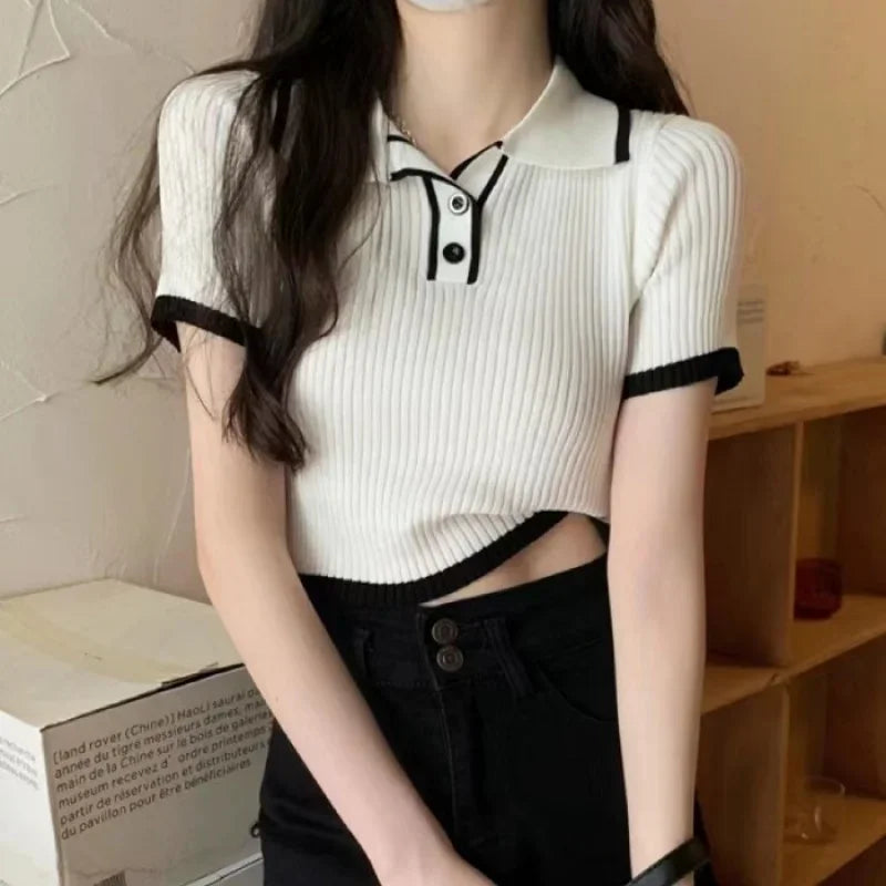 Contrast Color Polo Collar Shoulder Knitted Short Sleeves T-shirt Women's Summer Slim-Fitting Design Sense Niche Short Tops