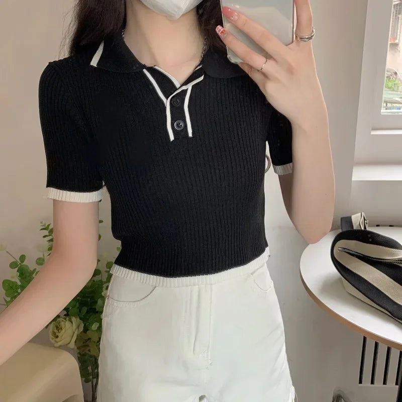 Contrast Color Polo Collar Shoulder Knitted Short Sleeves T-shirt Women's Summer Slim-Fitting Design Sense Niche Short Tops