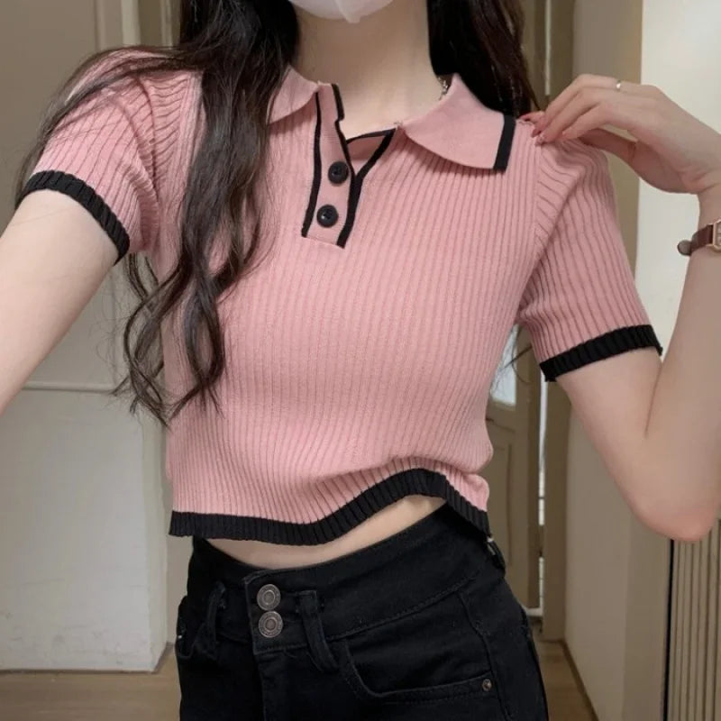 Contrast Color Polo Collar Shoulder Knitted Short Sleeves T-shirt Women's Summer Slim-Fitting Design Sense Niche Short Tops