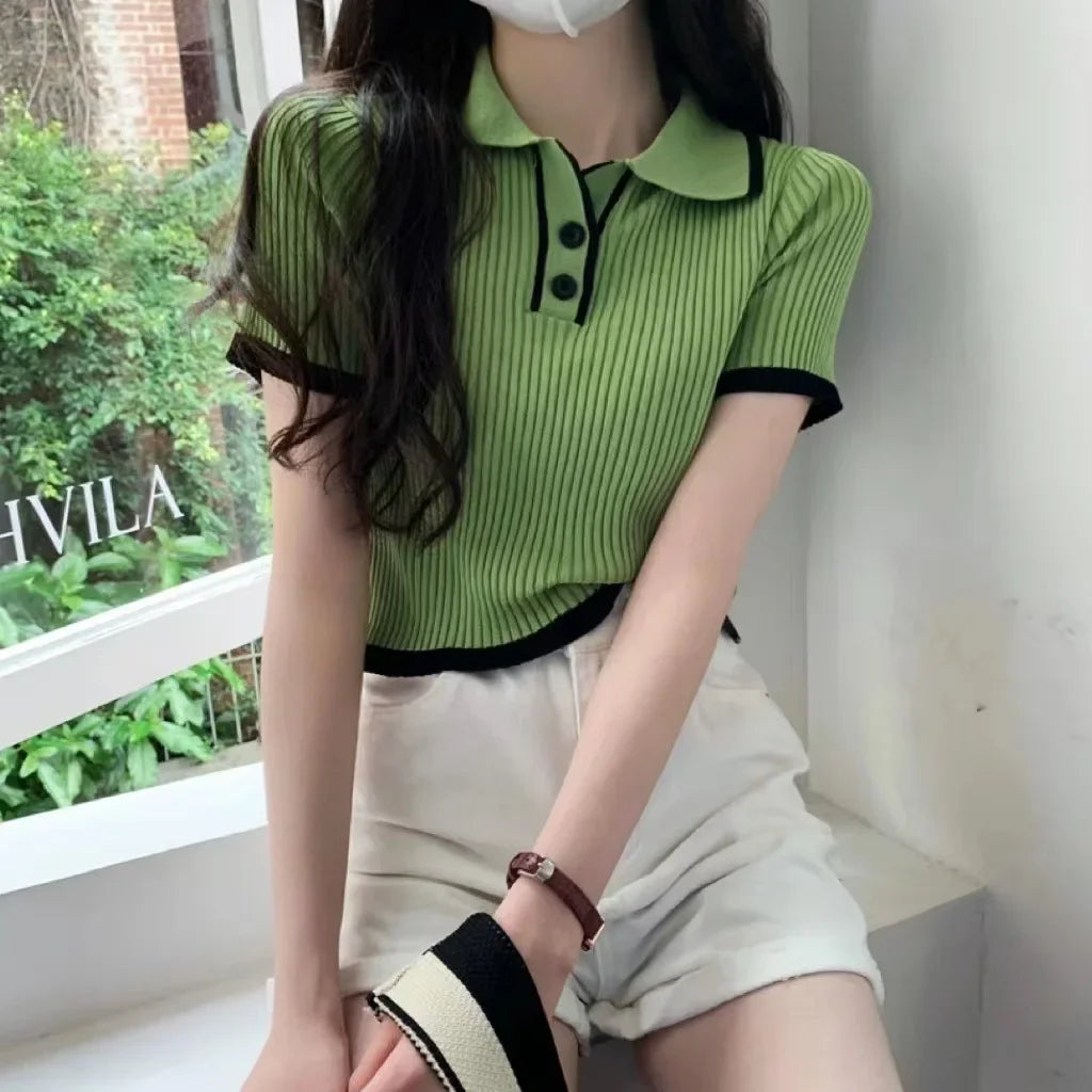 Contrast Color Polo Collar Shoulder Knitted Short Sleeves T-shirt Women's Summer Slim-Fitting Design Sense Niche Short Tops