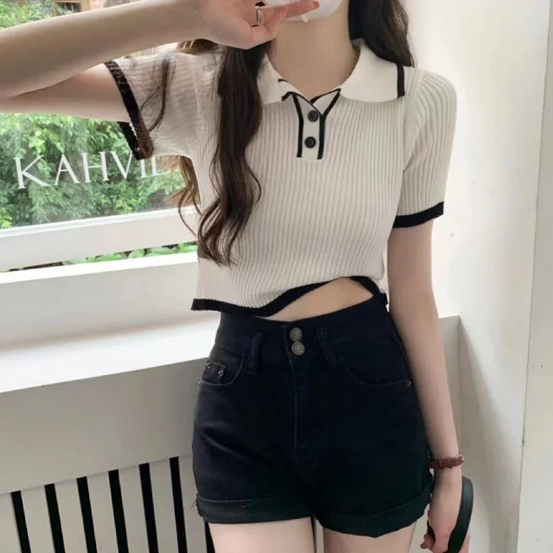 Contrast Color Polo Collar Shoulder Knitted Short Sleeves T-shirt Women's Summer Slim-Fitting Design Sense Niche Short Tops